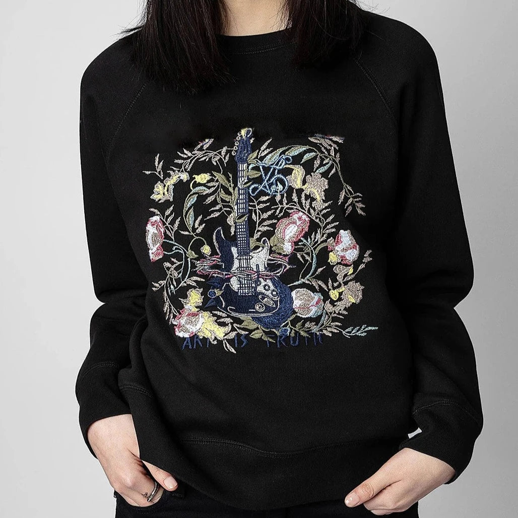 Guitar Floral Embroidery Sweatshirt