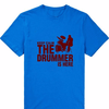 "KEEP CALM, THE DRUMMER IS HERE" T-Shirt - Blue Tee, Red Print / XS - { shop_name }} - Review