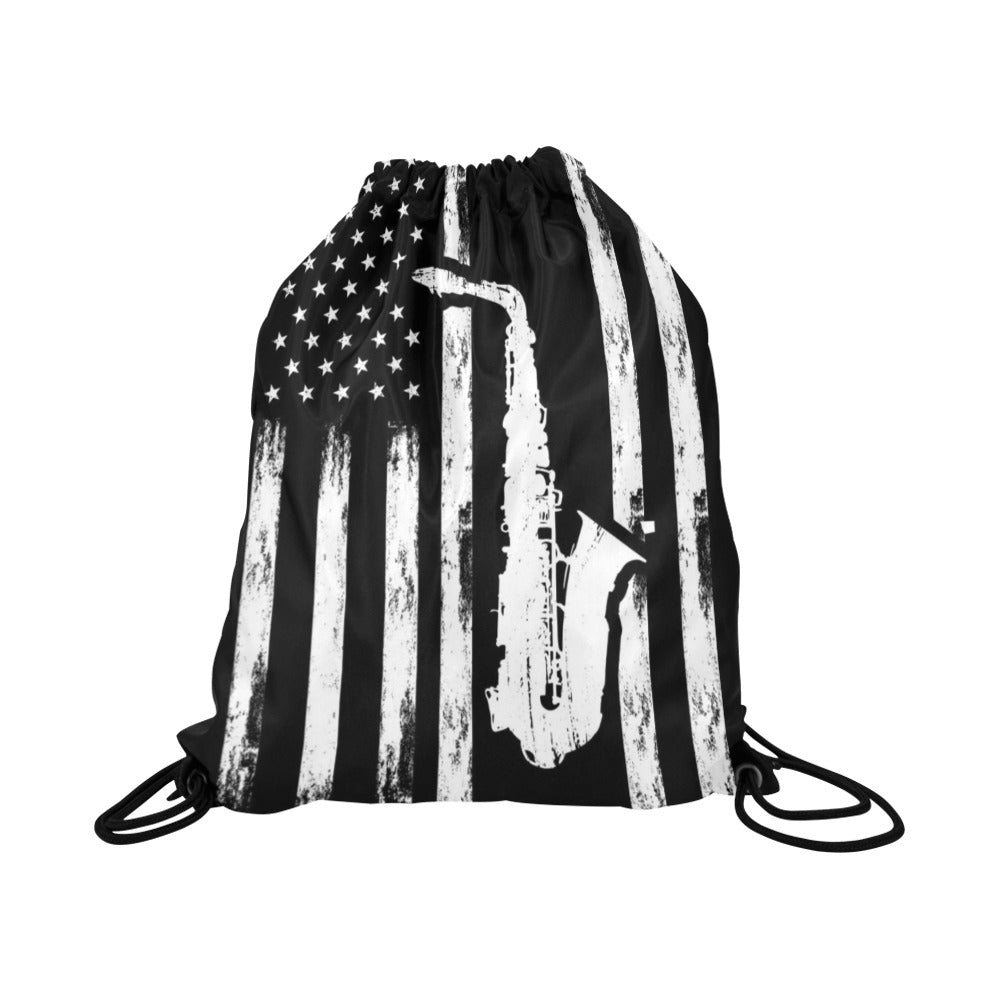 Saxophone American Flag Drawstring Bags