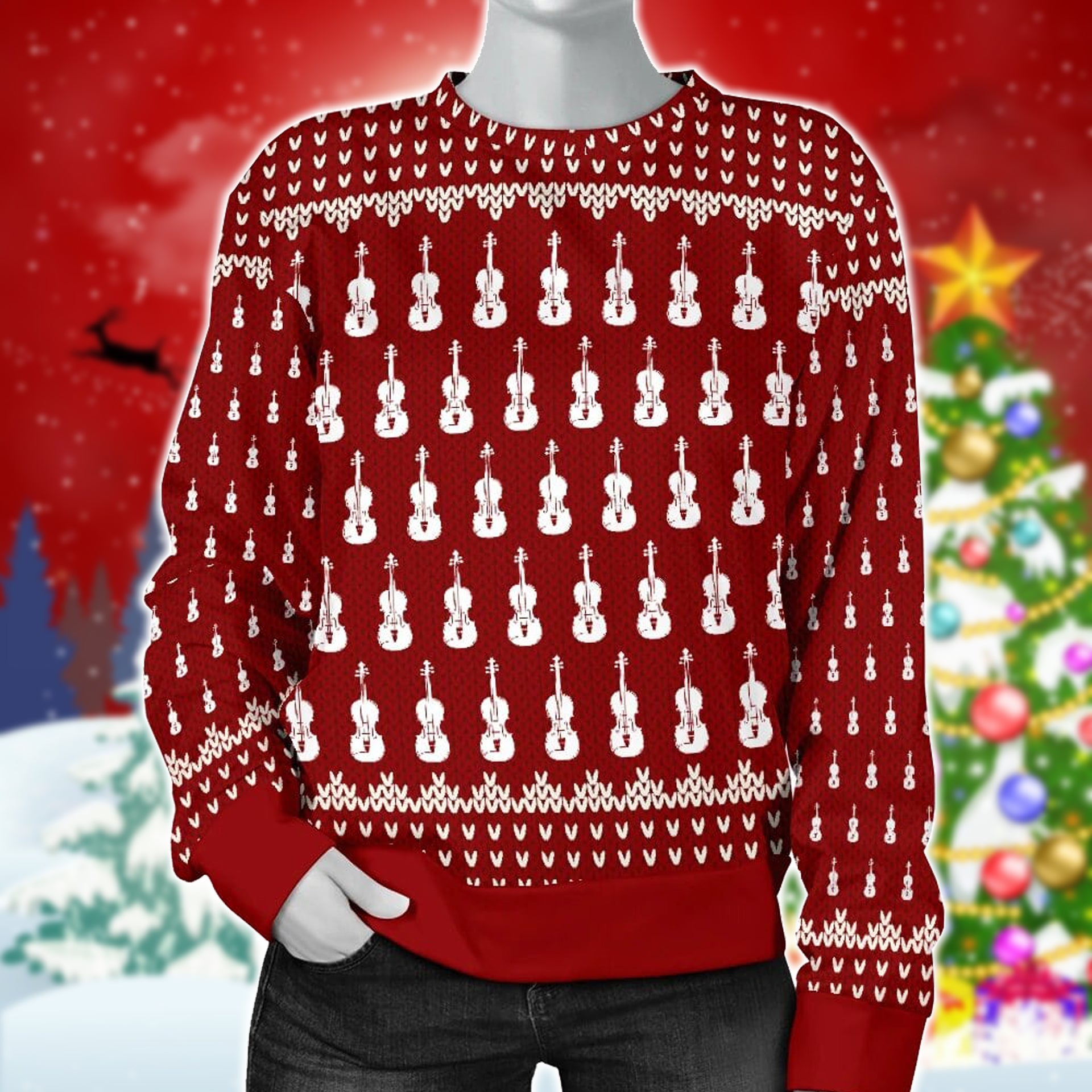 Violin Pattern Red Women's Red Sweater - Sweater / XS - { shop_name }} - Review