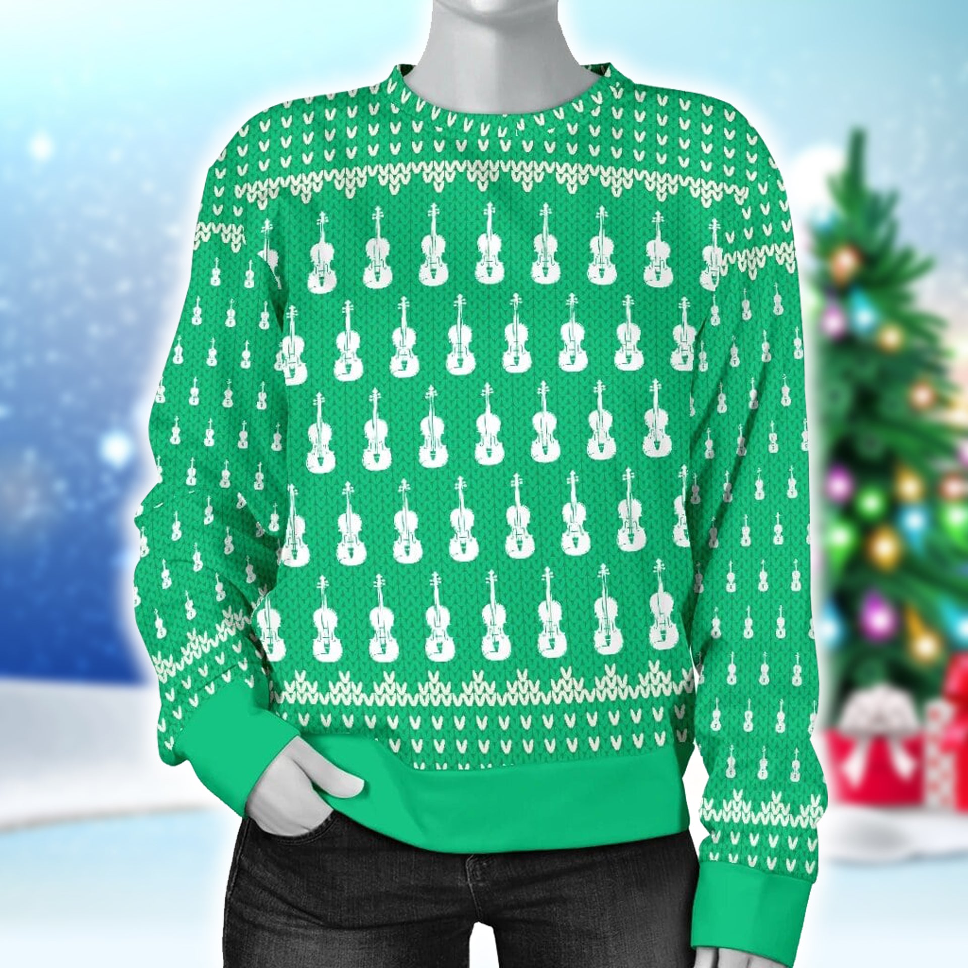 Violin Pattern Women's Green Sweater - Sweater / XS - { shop_name }} - Review