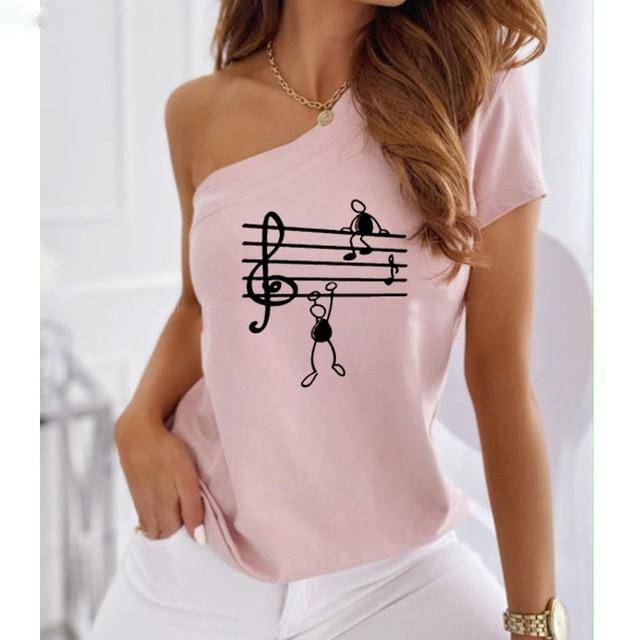 Music One Side Off-Shoulder T-shirt