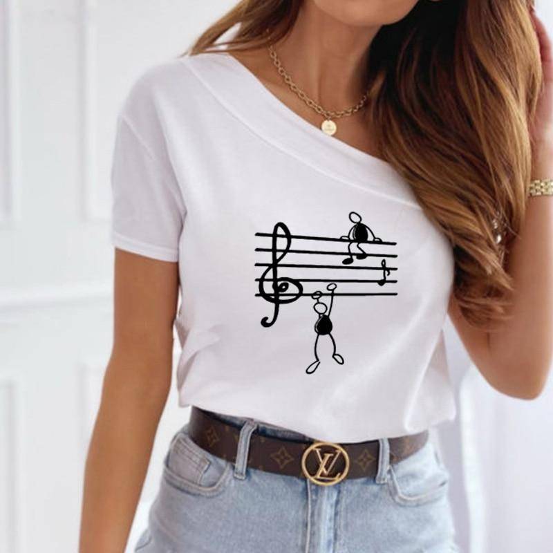 Music One Side Off-Shoulder T-shirt