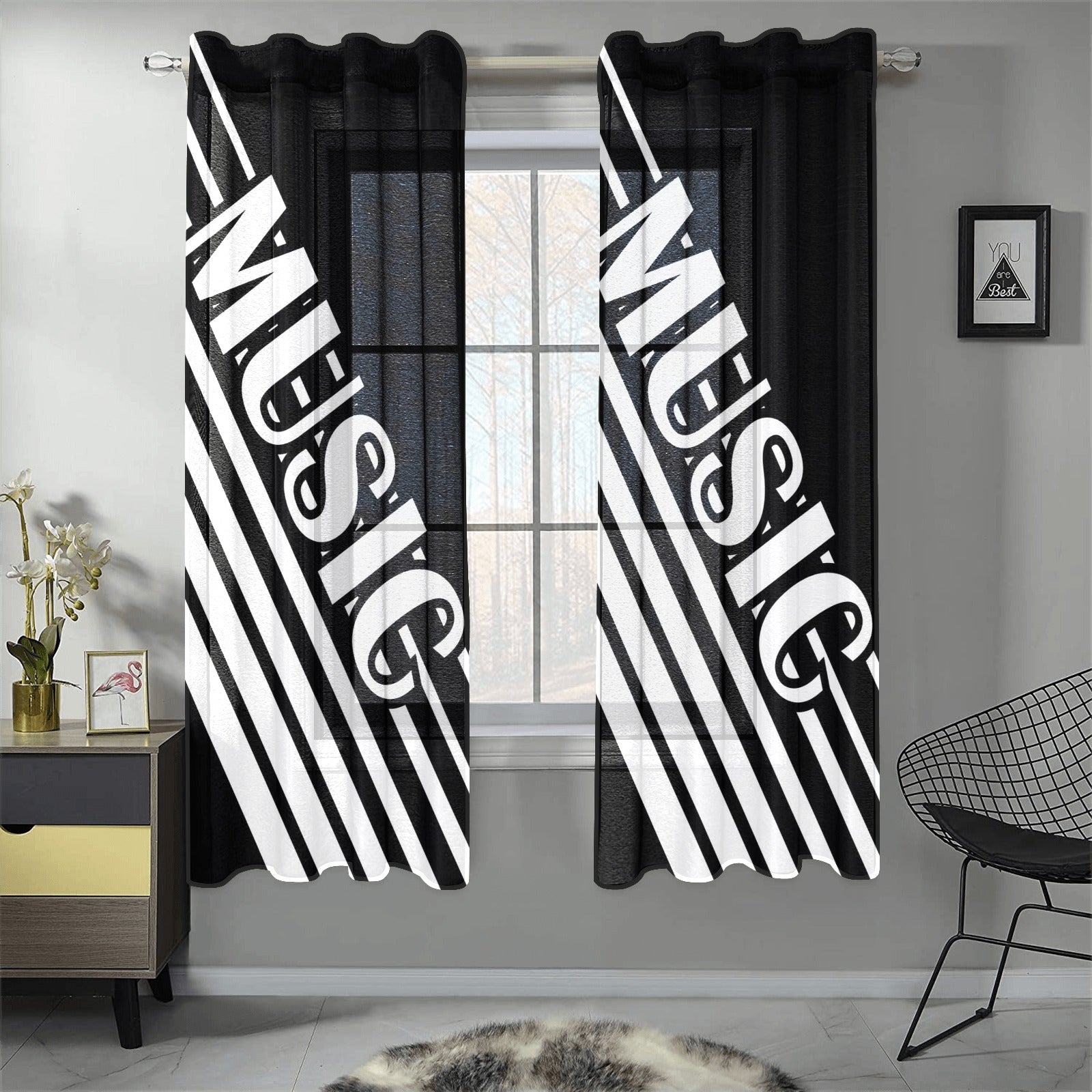Monotone MUSIC Gauze Curtain 28"x63" (Two Pieces)