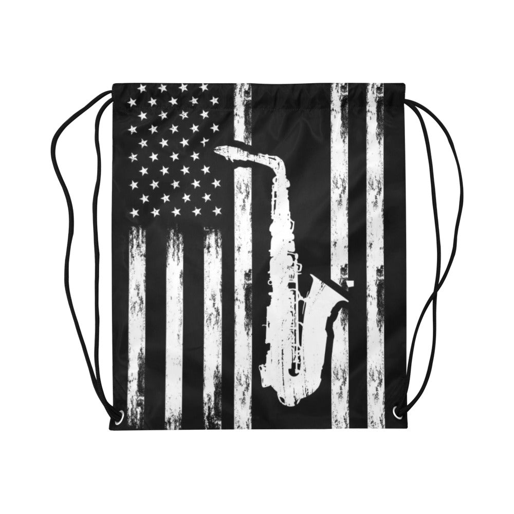 Saxophone American Flag Drawstring Bags