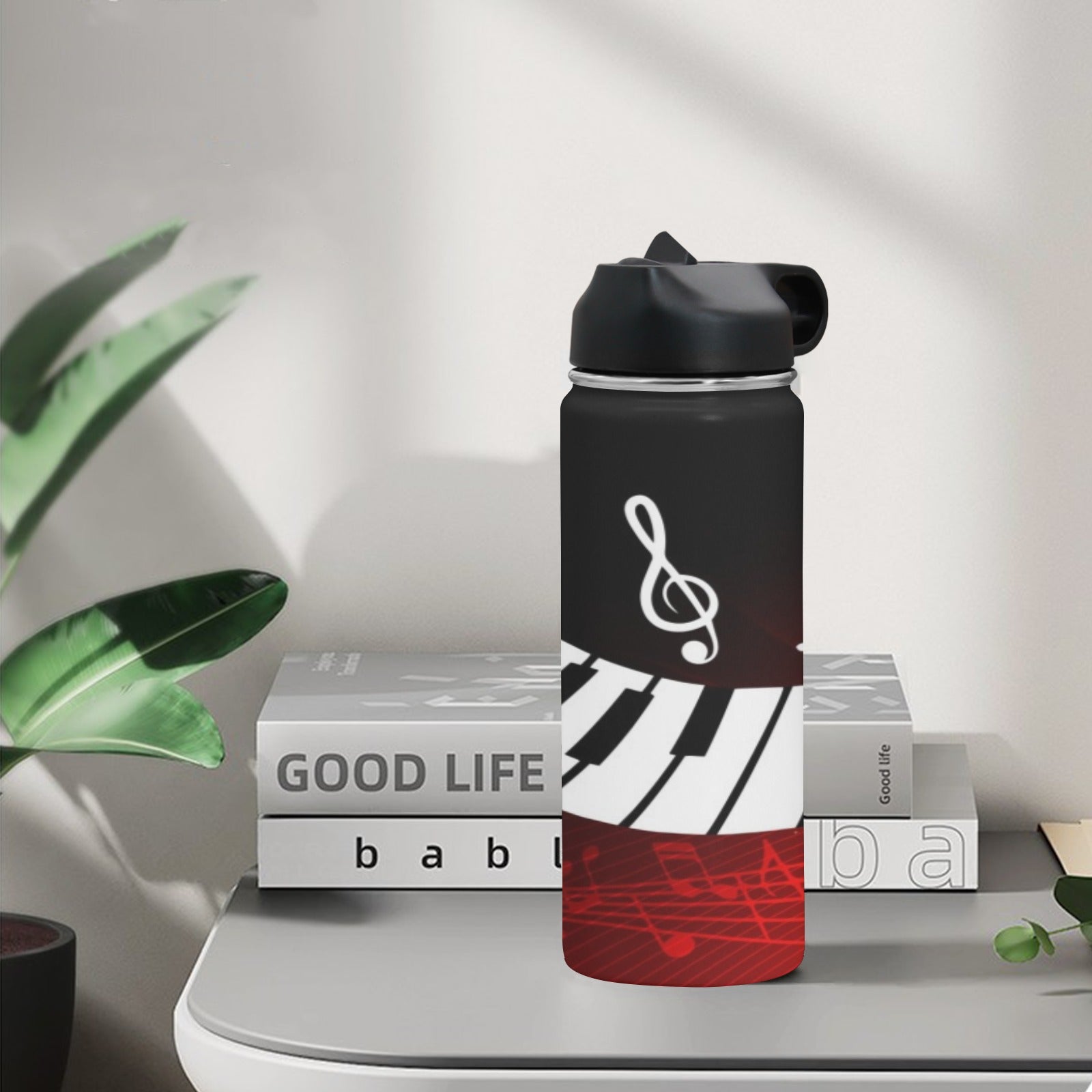 Red Music Piano Insulated Bottle With Straw Lid