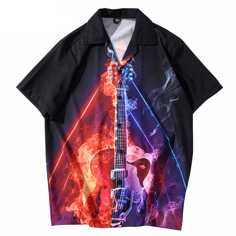 Fire Flame Guitar Print Shirt - M - { shop_name }} - Review