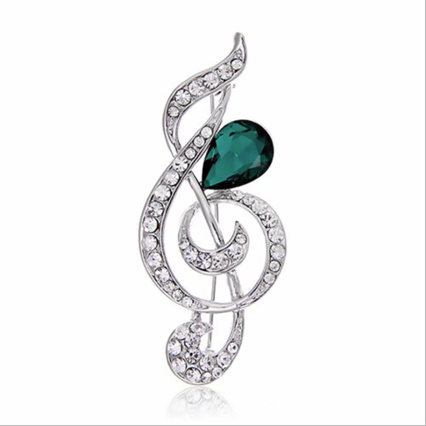 Green Rhinestone Treble Clef Brooch