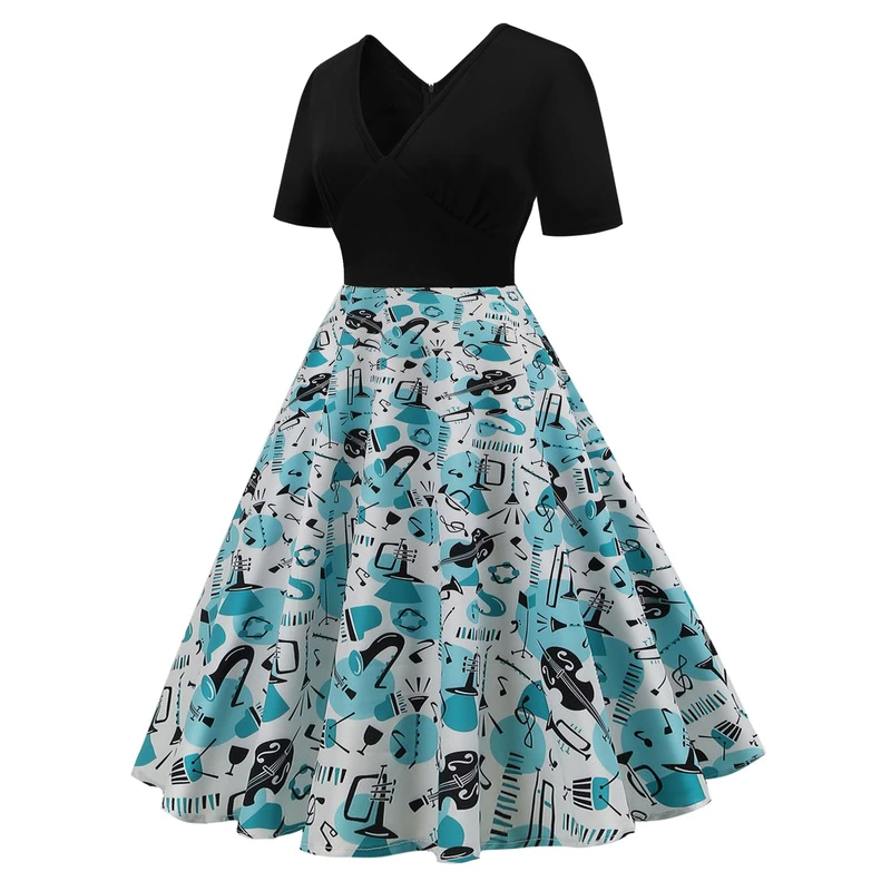 Vintage Music Notes V-neck Dress