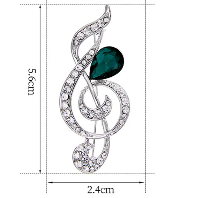 Green Rhinestone Treble Clef Brooch