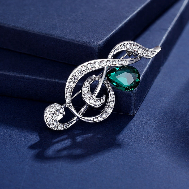 Green Rhinestone Treble Clef Brooch