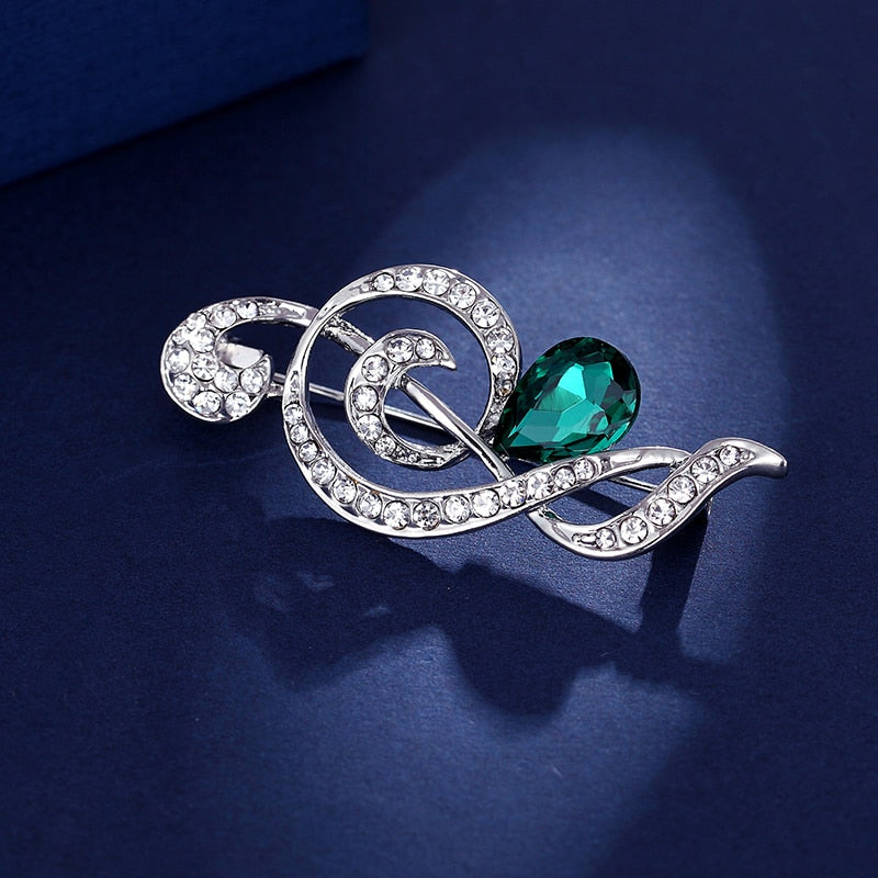 Green Rhinestone Treble Clef Brooch