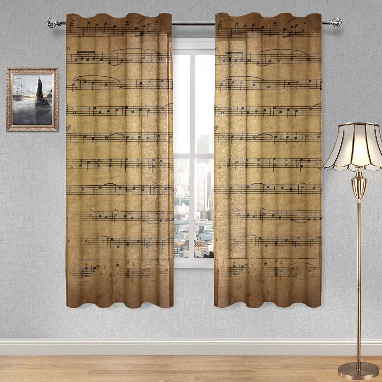 Vintage Music Gauze Curtain 28"x63" (Two Pieces)