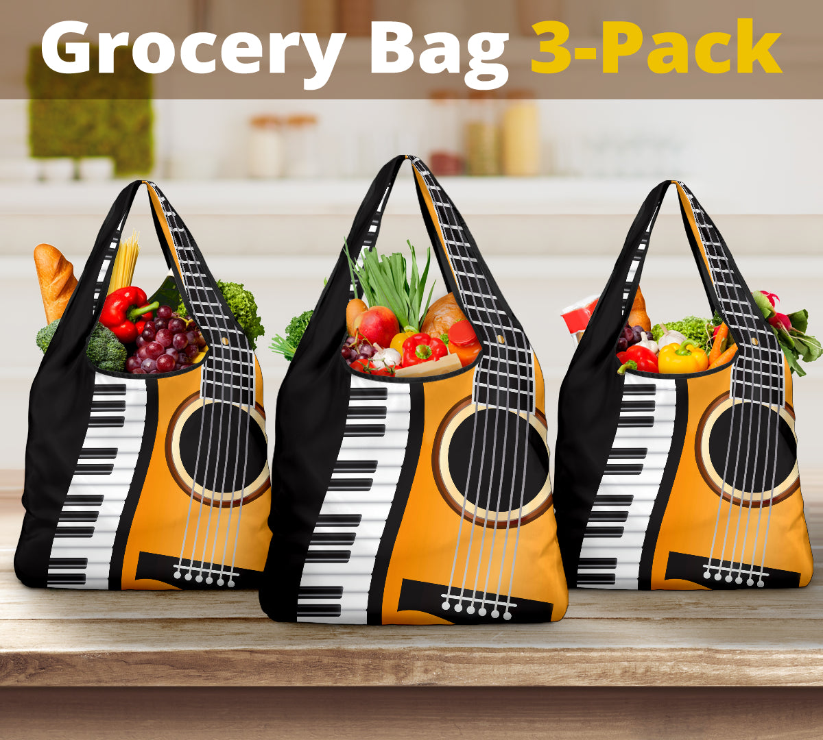 Piano And Guitar Grocery Bag 3-Pack