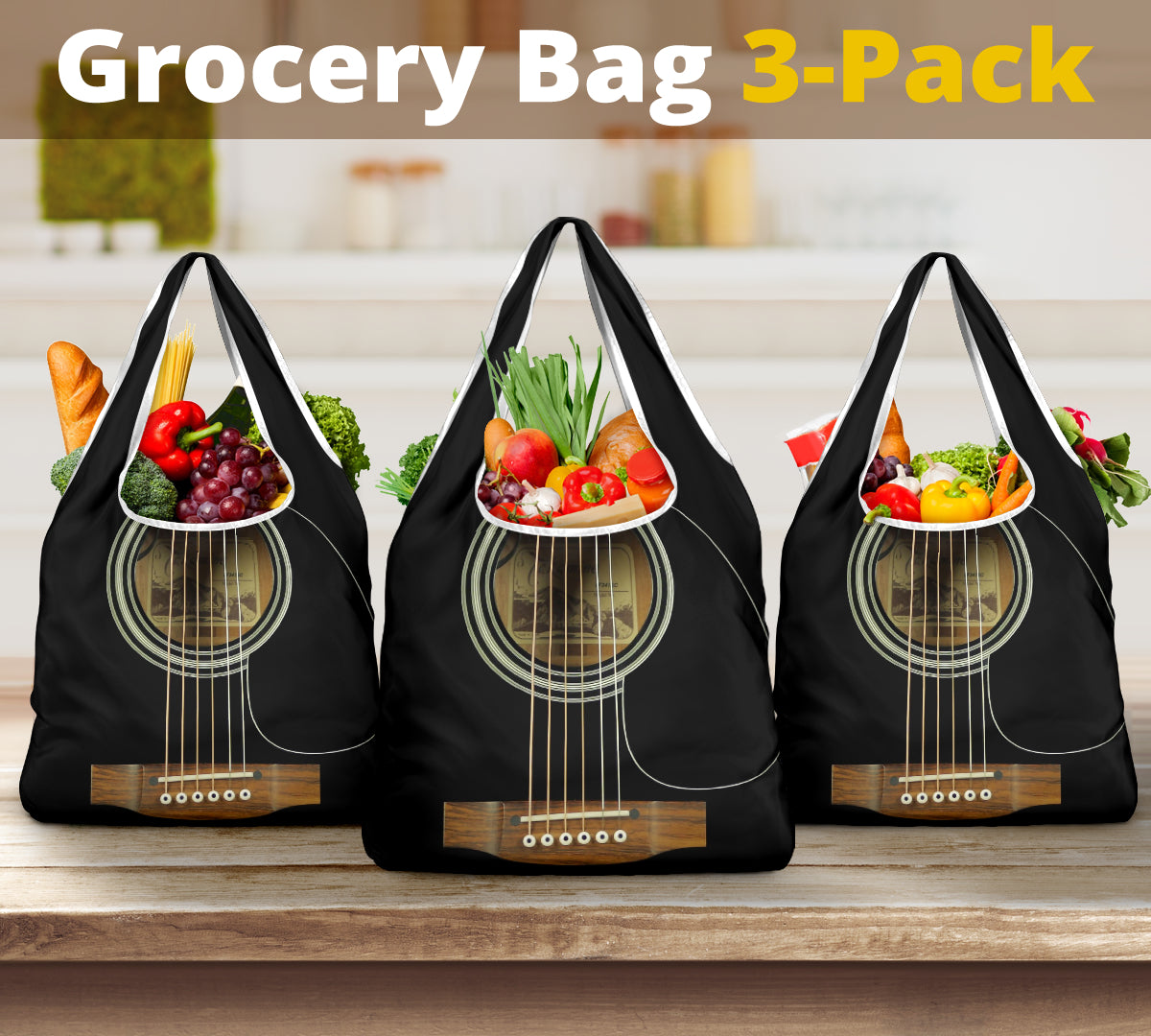 Black Guitar Grocery Bag 3-Pack