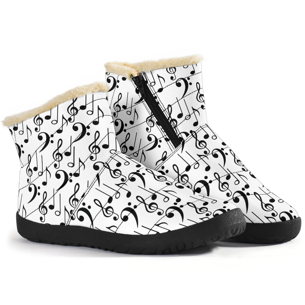 Music Notes Pattern White Cozy Winter Boots