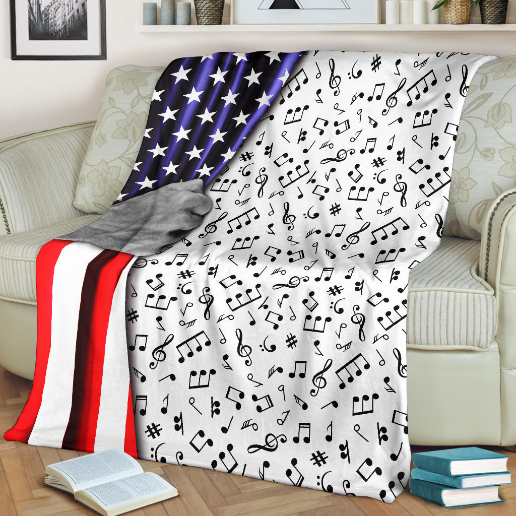 Music Notes American Flag White Blanket
