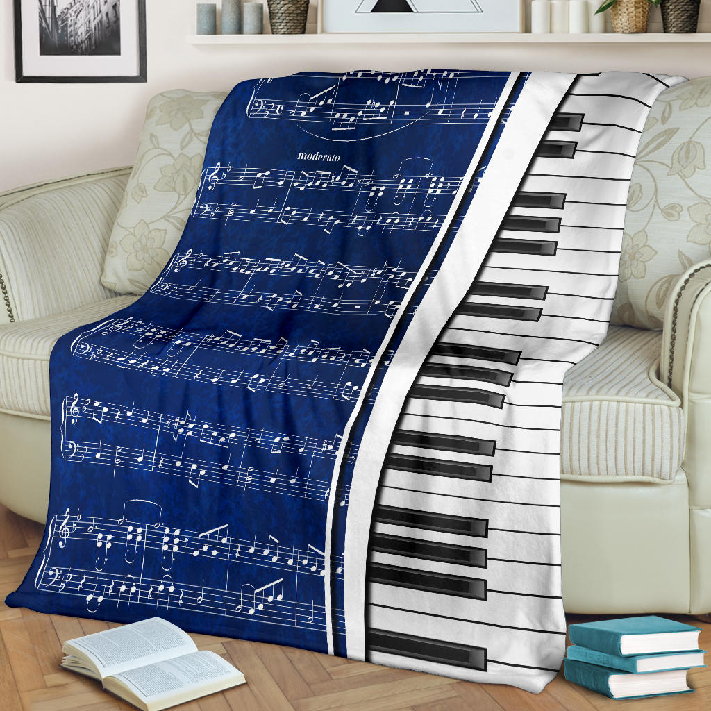Piano Keys And Blue Sheet Music Blanket