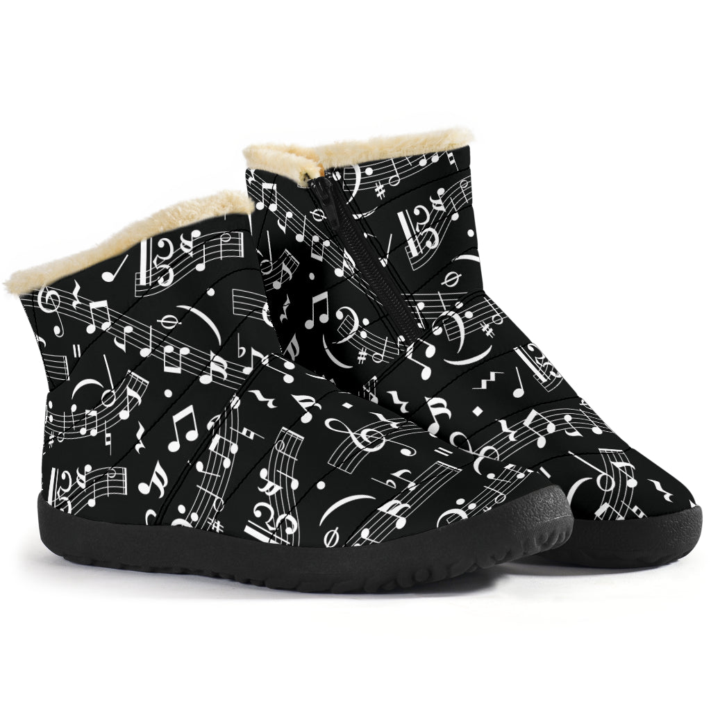 Musical Notes White Cozy Black Boots