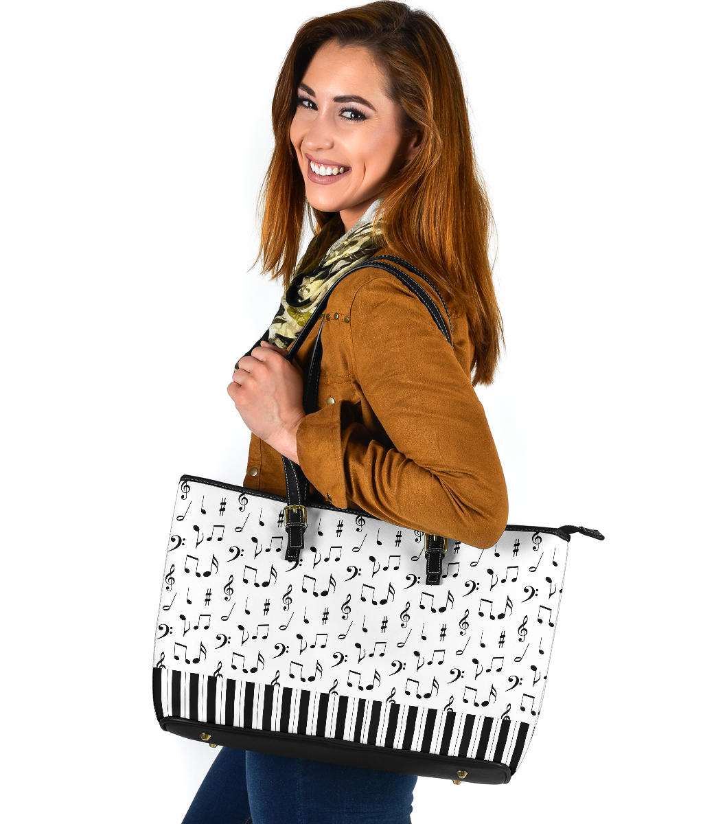 Musical Notes And Piano Art Large Leather Tote Bag
