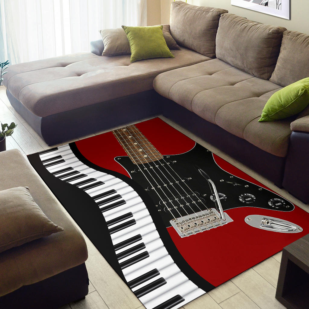 Piano Keys And Red Electric Guitar Area Rug