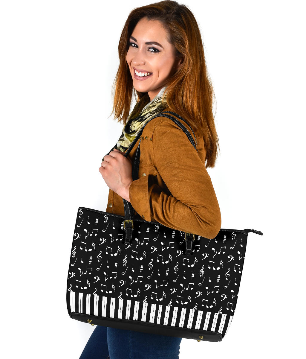 Music Notes And Piano Art Large Leather Tote Bag