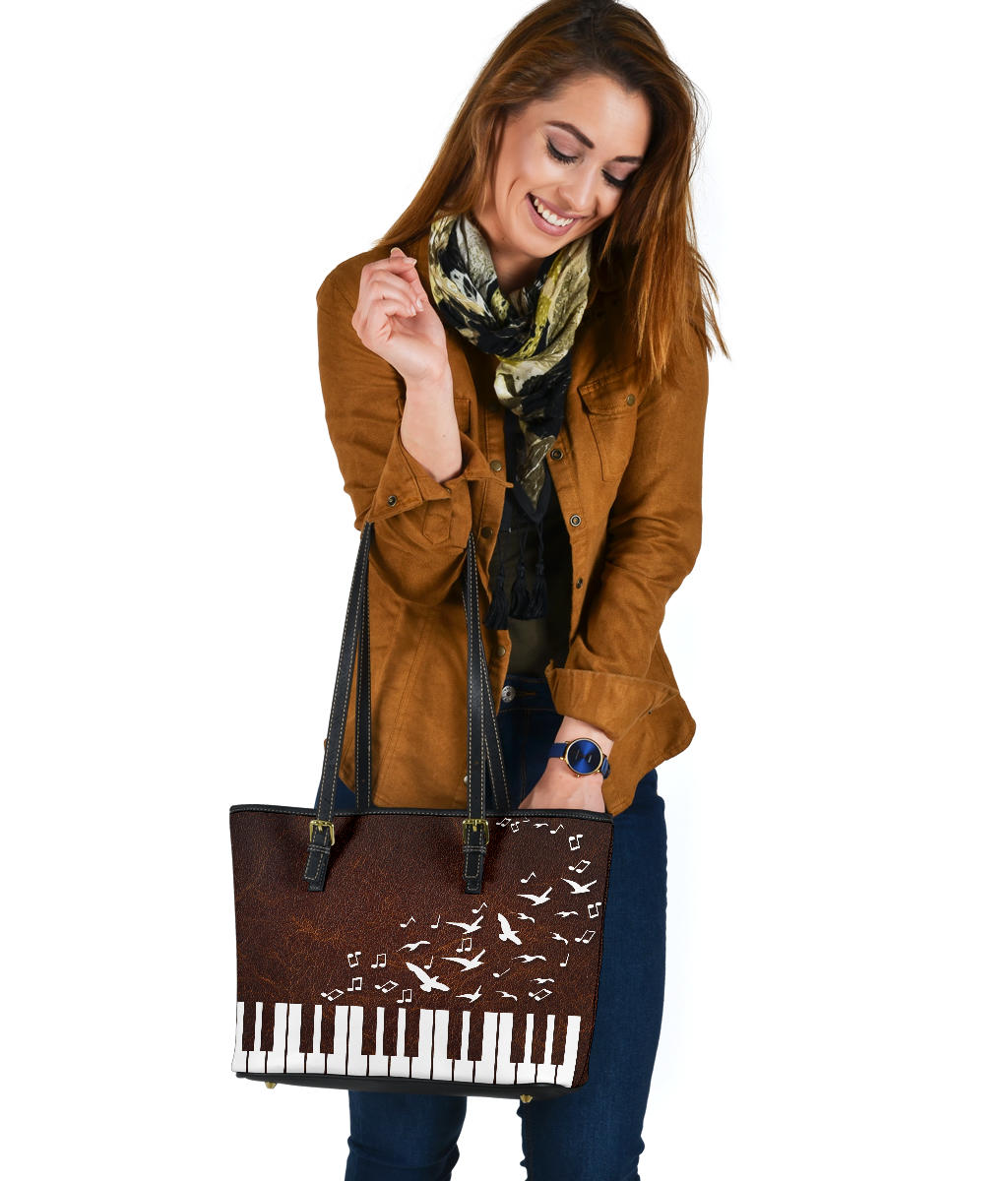Piano Keys Music Birds Leather Tote Bag