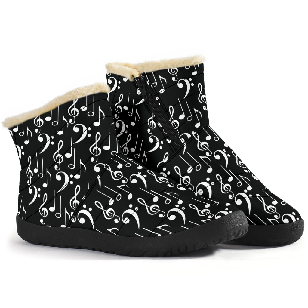 Music Notes Pattern Black Cozy Winter Boots