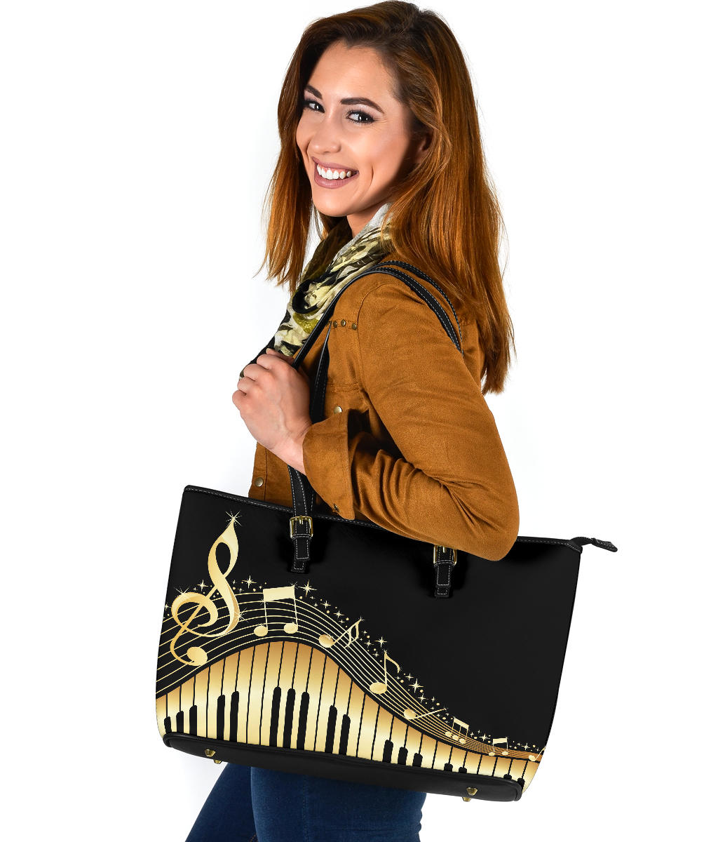 Piano Keys With Musical Notes Large Leather Tote Bag