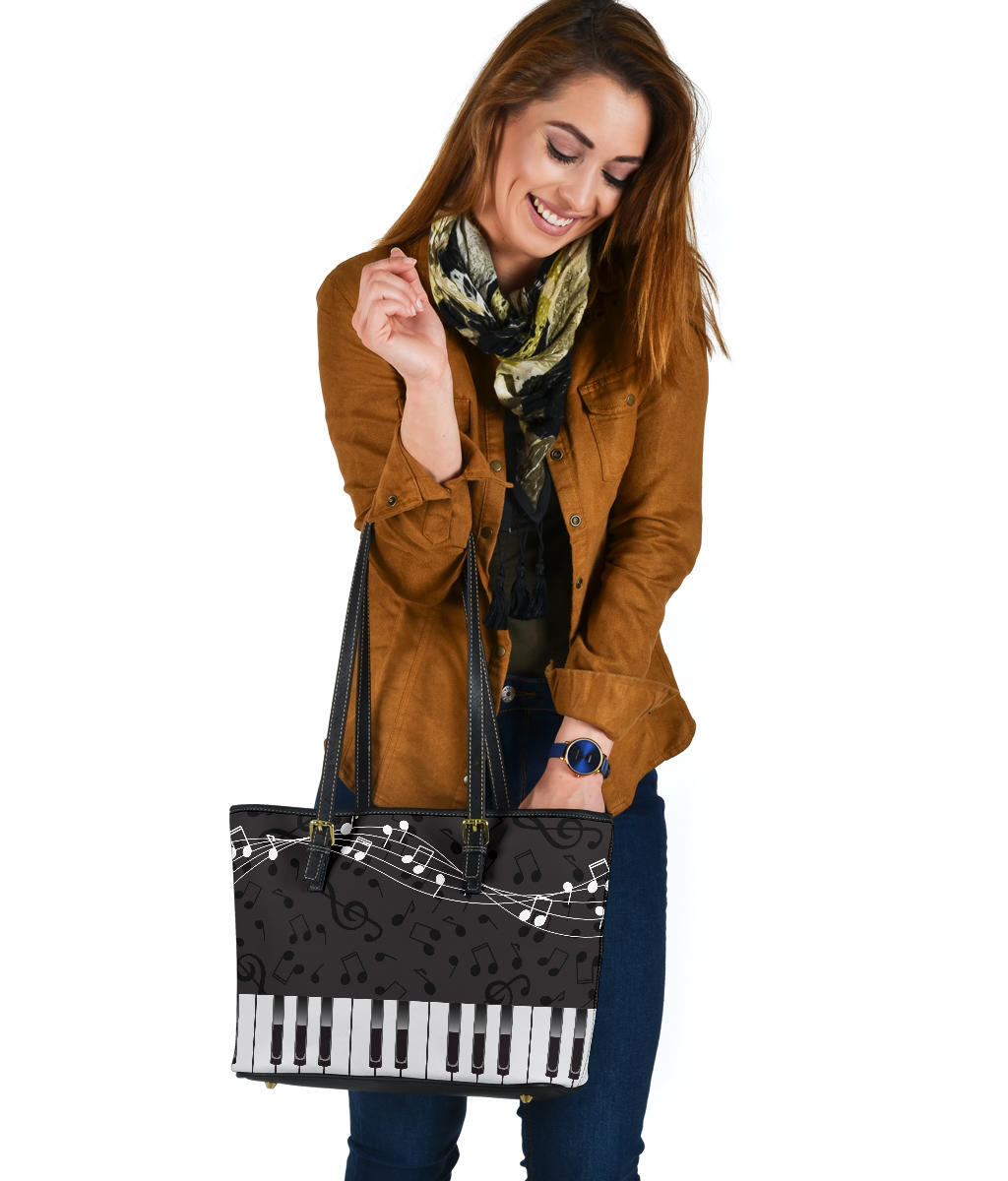 Piano Music Notes Leather Tote Bag