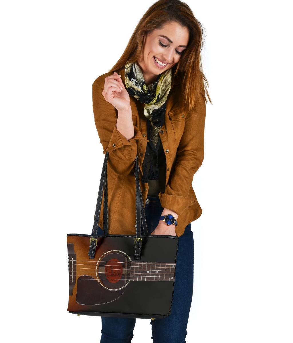 Black Guitar Small Leather Tote Bag