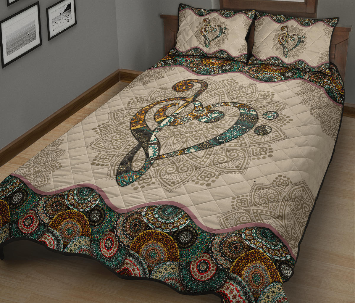 Music Note Heart Mandala Quilt Bed Set