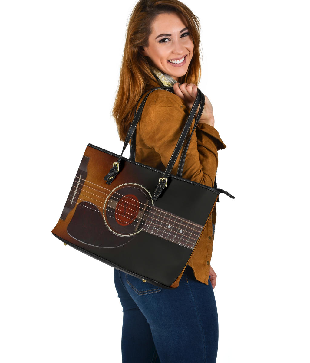 Black Guitar Large Leather Tote Bag