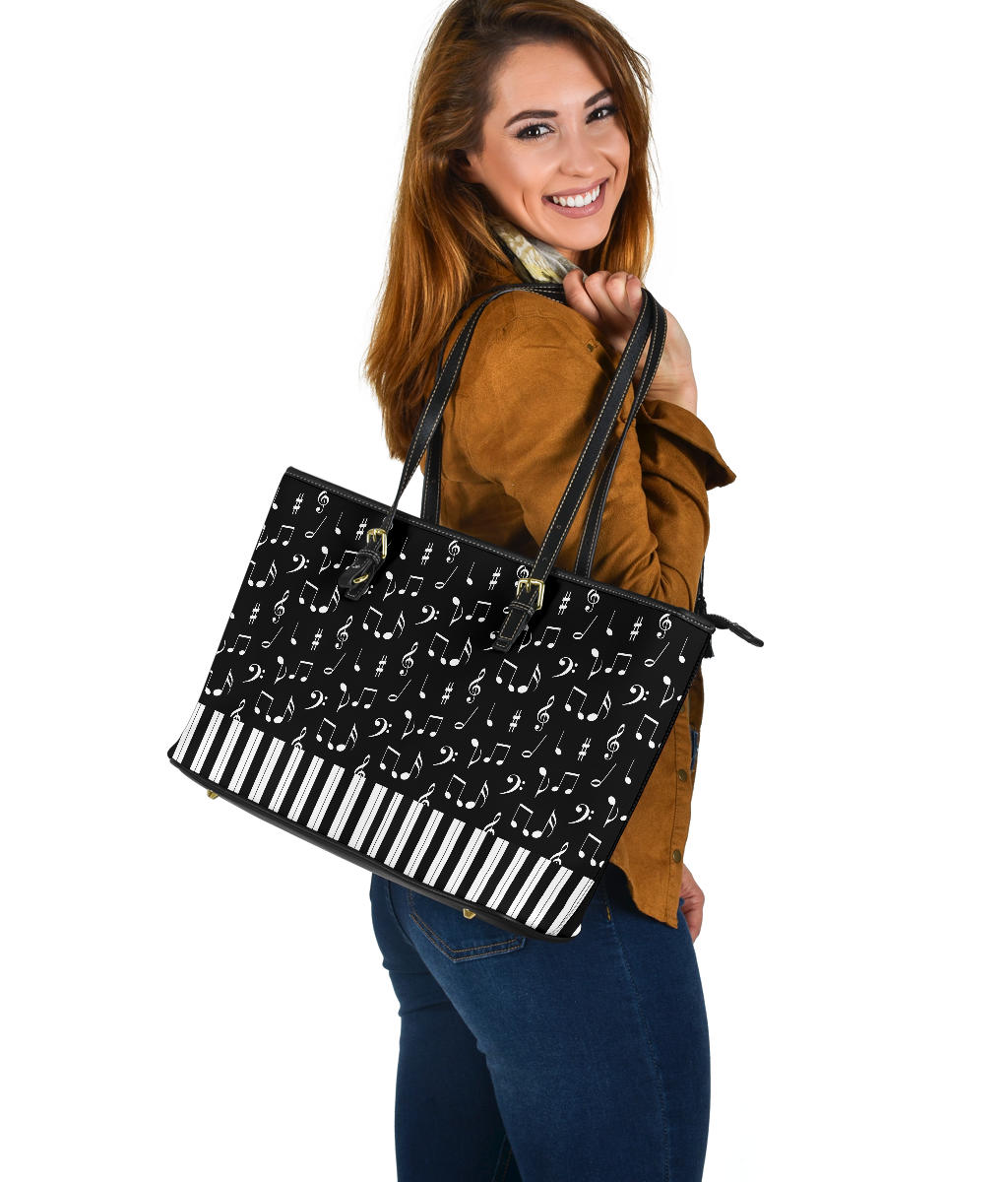 Music Notes And Piano Art Large Leather Tote Bag