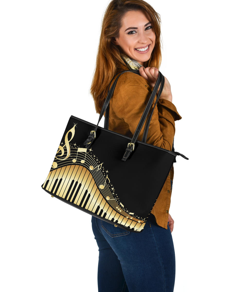 Piano Keys With Musical Notes Large Leather Tote Bag