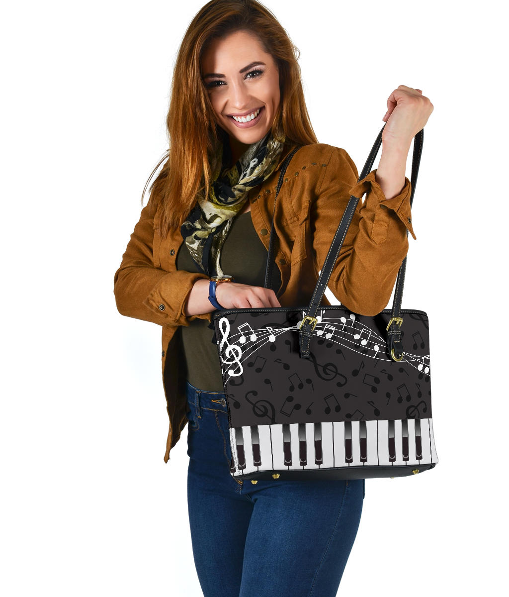 Piano Music Notes Leather Tote Bag