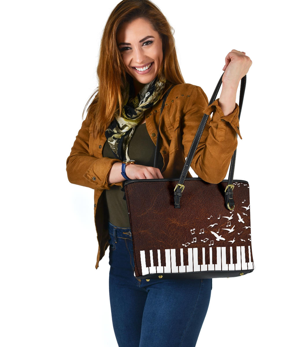 Piano Keys Music Birds Leather Tote Bag