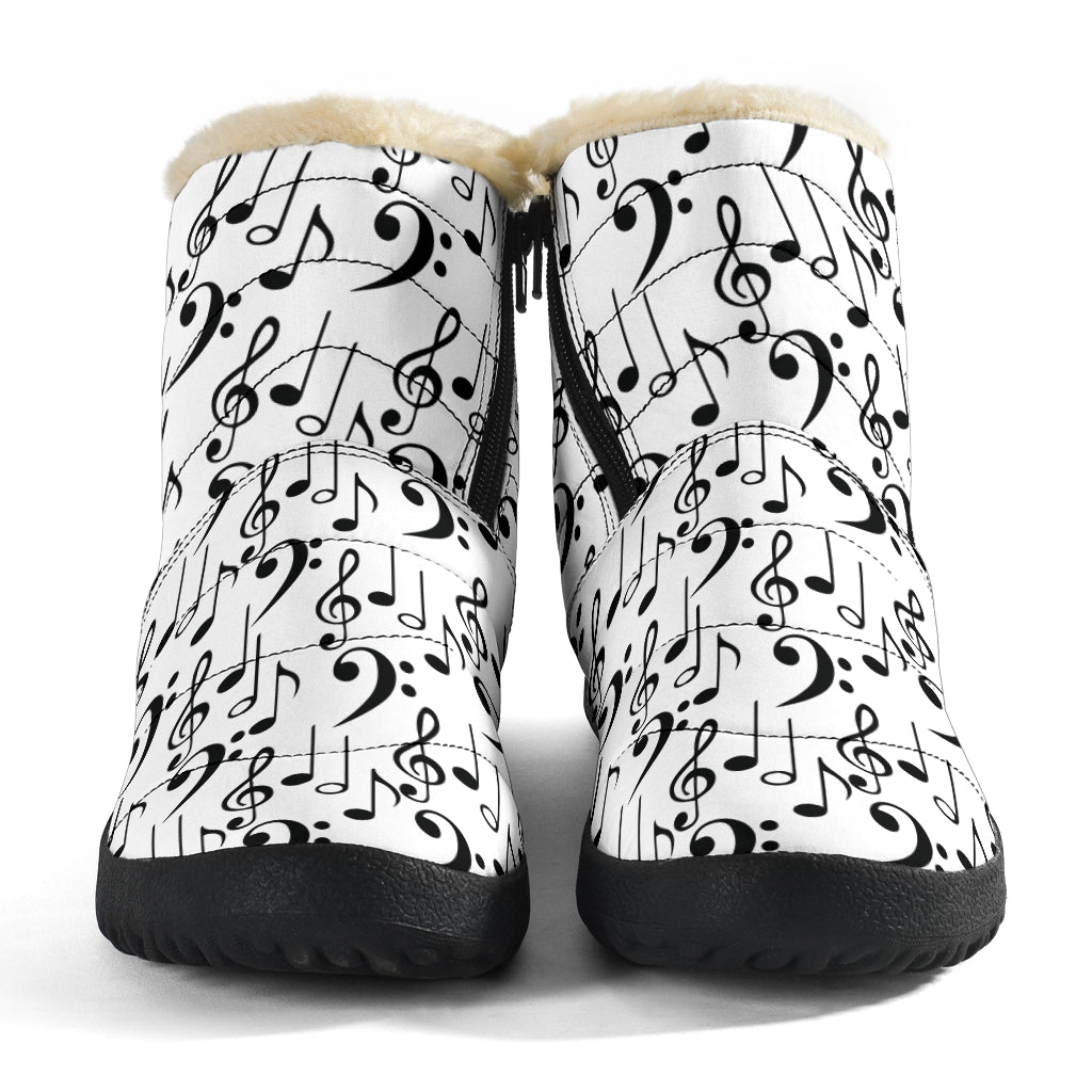 Music Notes Pattern White Cozy Winter Boots