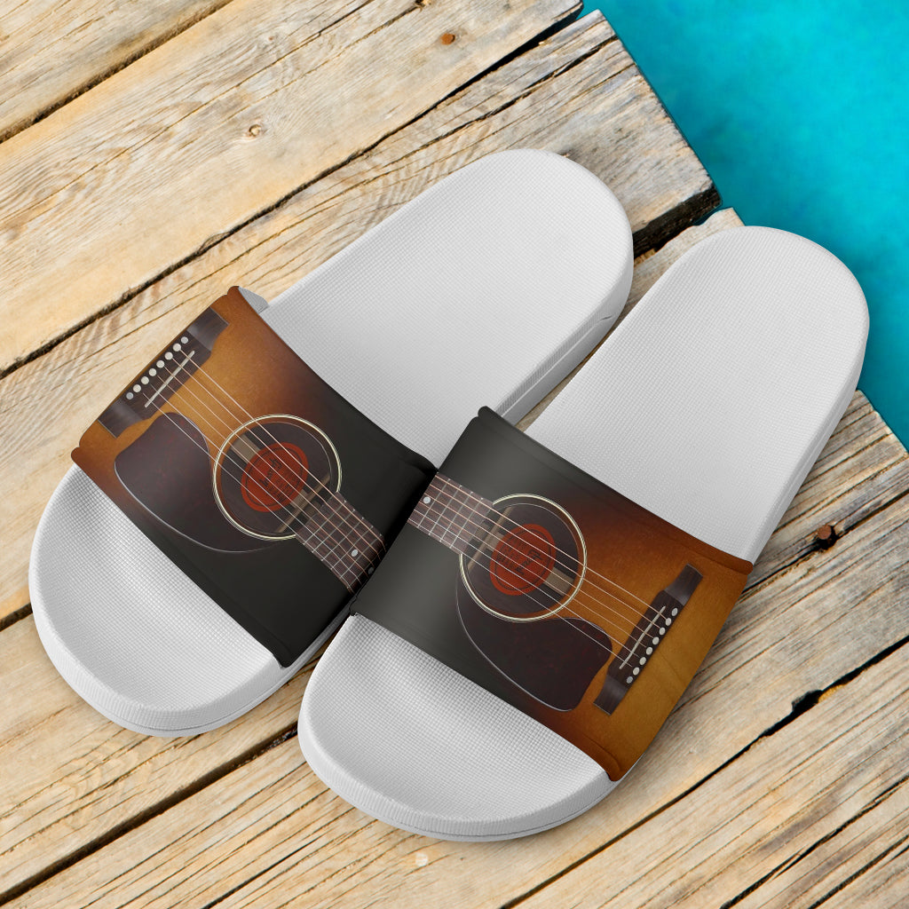 Black Guitar White Slide Sandals