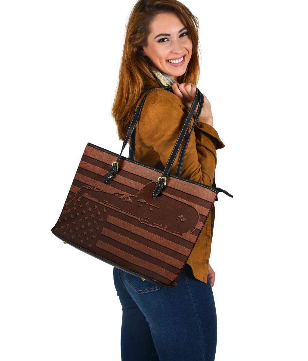 Saxophone American Flag Large Leather Tote Bag