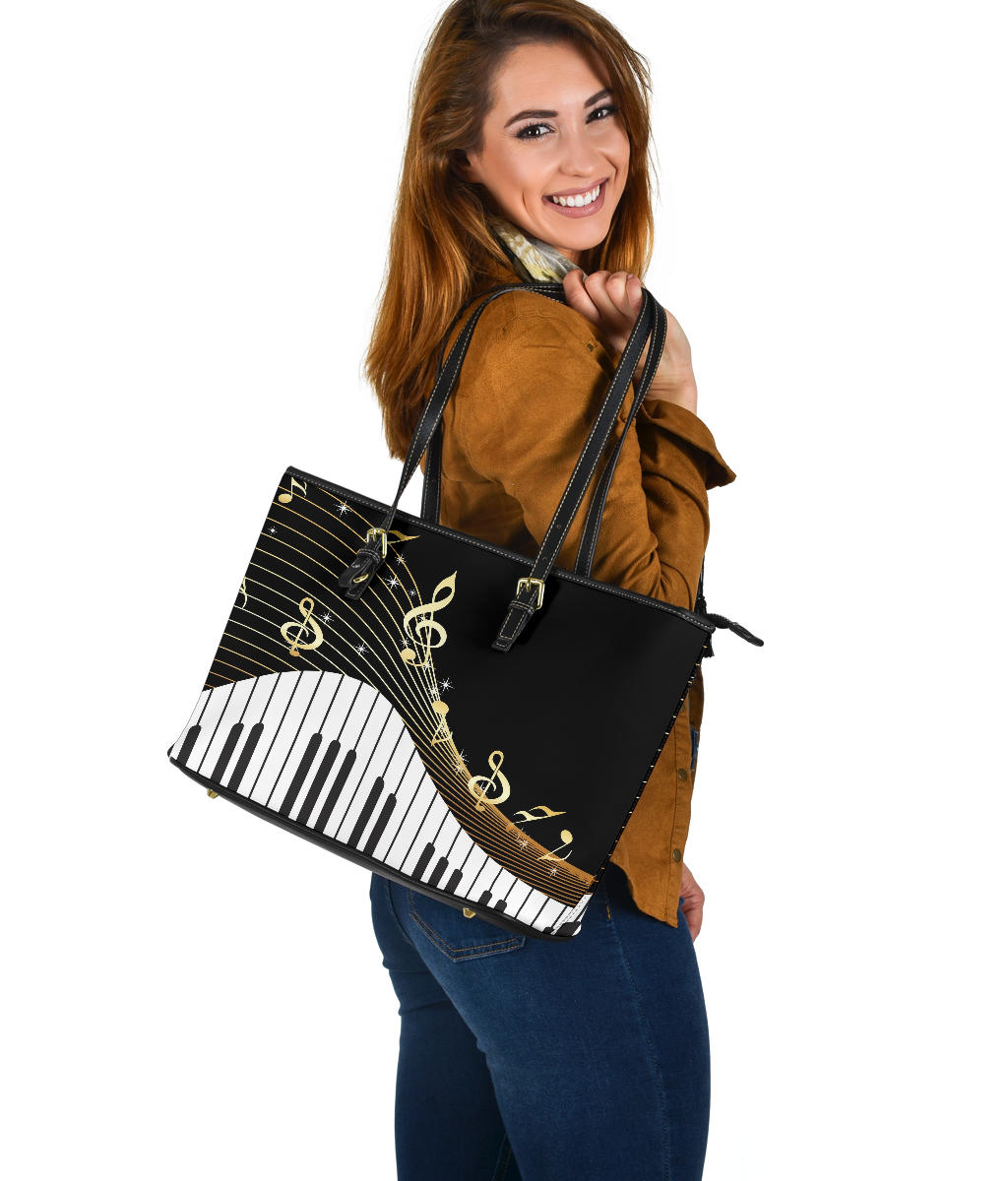 Piano Keys And Music Notes Large Leather Tote Bag