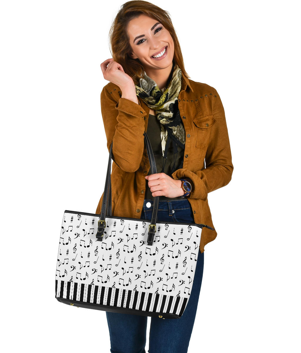 Musical Notes And Piano Art Large Leather Tote Bag