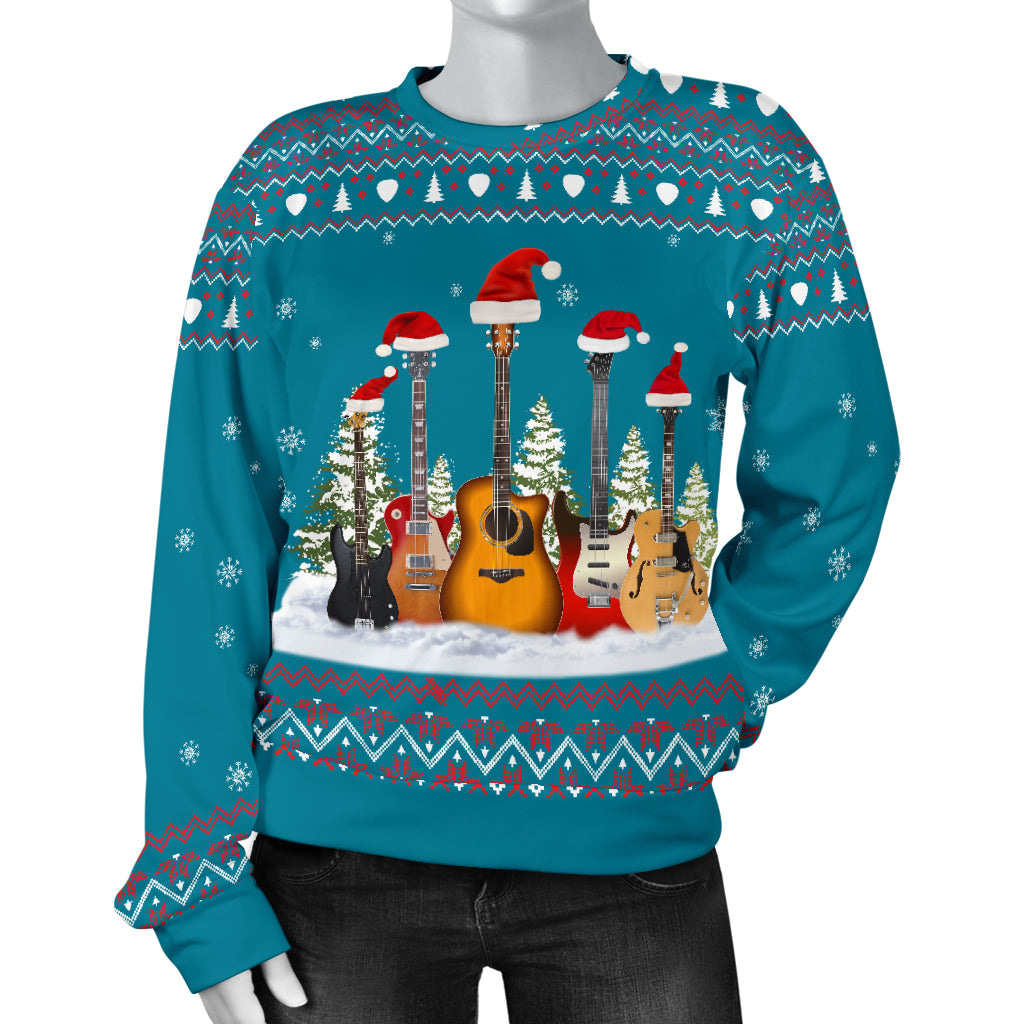 Guitar Christmas Women's Blue Sweater
