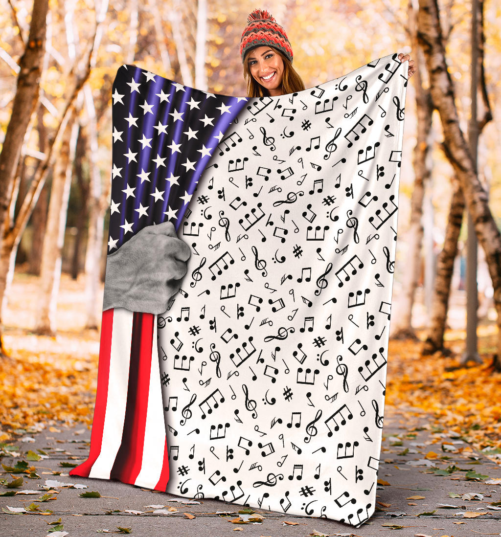 Music Notes American Flag White Blanket