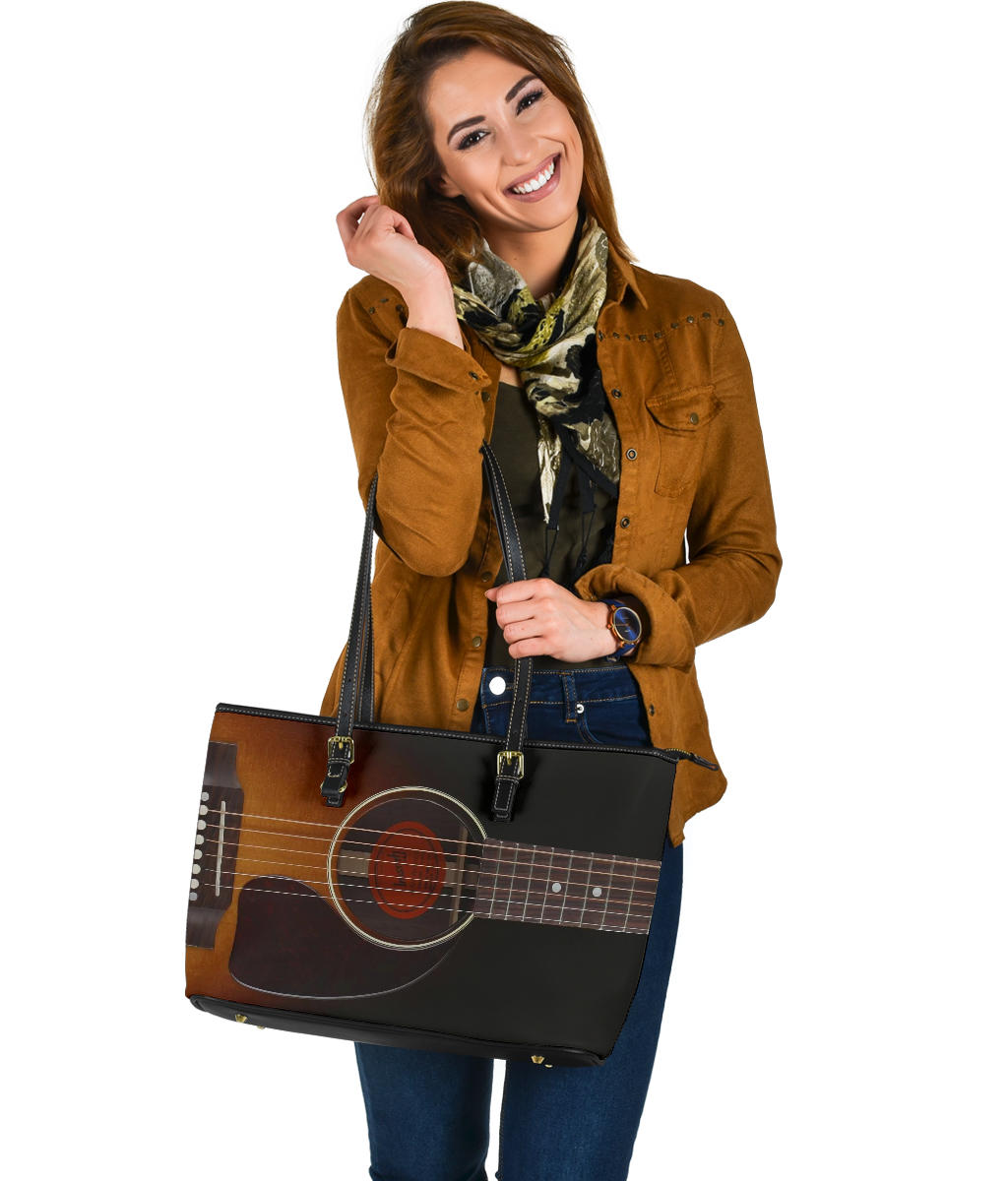 Black Guitar Large Leather Tote Bag