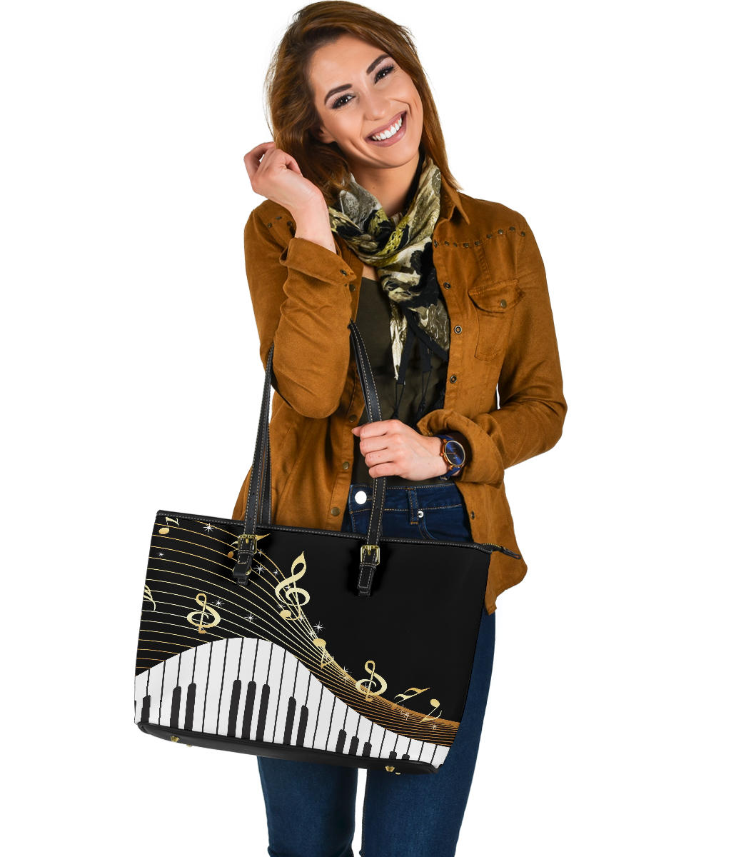 Piano Keys And Music Notes Large Leather Tote Bag