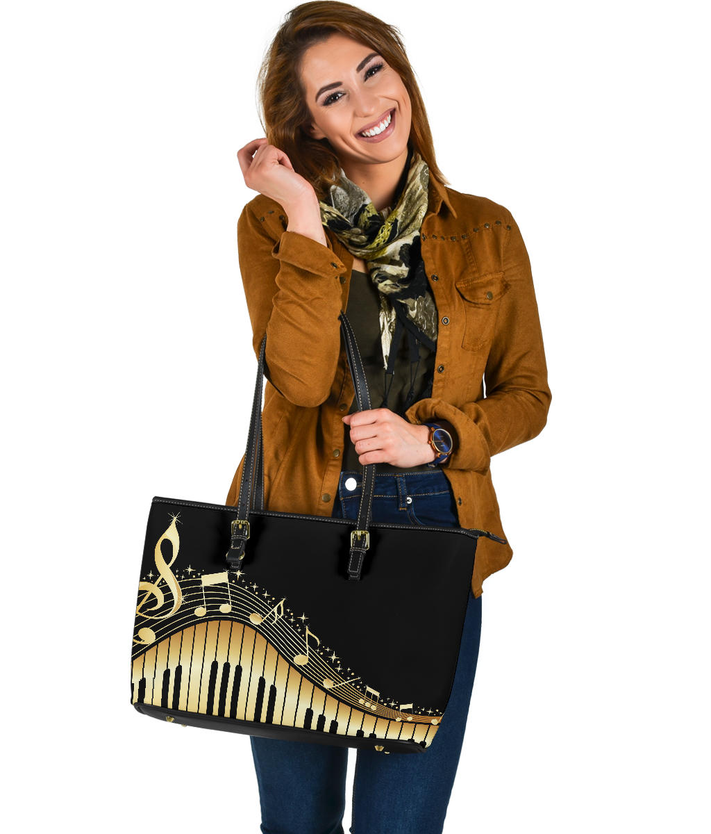 Piano Keys With Musical Notes Large Leather Tote Bag