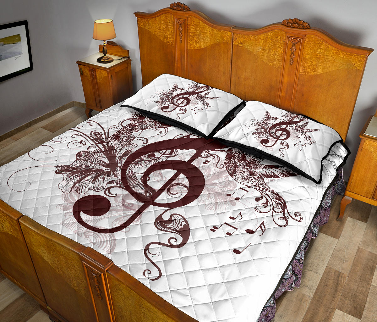 Treble Clef And Hummingbirds Quilt Bed Set