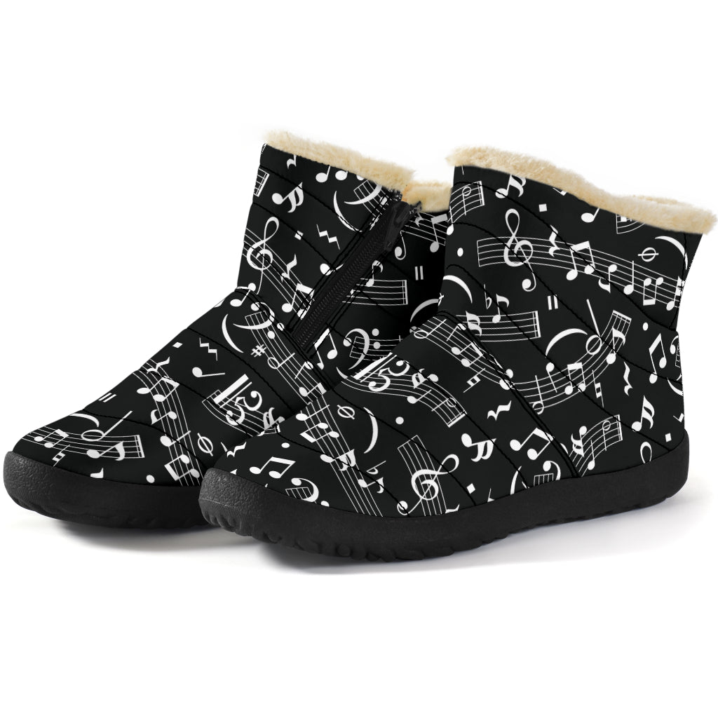 Musical Notes White Cozy Black Boots