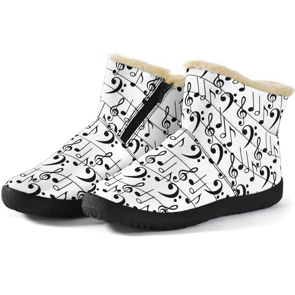 Music Notes Pattern White Cozy Winter Boots